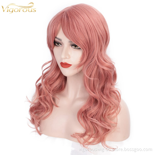24 Inches Long Wave Hair Extension Wigs Pink Heat Resistant Full Cheap Woman Synthetic Hair Wig With Bangs No Lace Cosplay Use